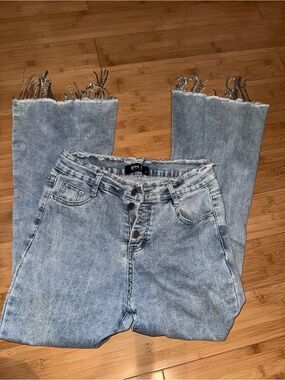 Light Blue High-Rise Button-Fly Cropped Jeans with Fringe Hem